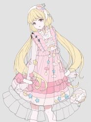 1girl absurdres bag blonde_hair blue_ribbon blunt_bangs bow bowtie brown_eyes chinese_commentary clenched_hands cloud_hair_ornament commentary_request covered_collarbone cowboy_shot dot_nose dress dress_bow expressionless fish_hair_ornament flat_color frilled_dress frilled_sleeves frills fur_hairband fur_wrist_cuffs grey_background hair_ornament hair_ribbon hairband handbag head_tilt highres holding holding_bag knees layered_dress light_frown lolita_fashion long_hair long_sleeves looking_at_viewer low_twintails medium_dress multicolored_hair nikki_(series) parted_lips pink_bow pink_bowtie pink_dress puffy_long_sleeves puffy_sleeves rainbow_hair ribbon see-through_dress_layer shining_nikki simple_background sleeves_past_wrists solo sparkling_dream_(shining_nikki) star_(symbol) star_hair_ornament sweet_lolita tareme tress_ribbon twintails very_long_hair white_bag white_hairband white_wrist_cuffs wrist_cuffs youyidianqingming