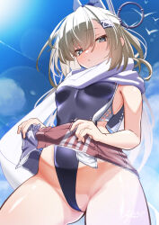 1girl american_flag american_flag_print american_flag_skirt ayuman black_one-piece_swimsuit breasts clothes_lift denim denim_skirt flag_print grey_eyes grey_hair highleg highleg_one-piece_swimsuit highres kantai_collection lifting_own_clothes long_hair looking_at_viewer one-piece_swimsuit print_skirt scarf skirt skirt_lift small_breasts solo super_highleg swimsuit two-tone_one-piece_swimsuit wahoo_(kancolle) white_one-piece_swimsuit white_scarf
