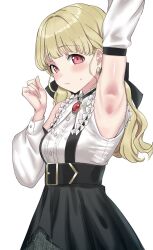 1girl absurdres akkgsyk arm_up armpits blonde_hair blush breasts closed_mouth detached_sleeves earrings hand_up highres jewelry kogara_toto kogara_toto_(gothic) lips long_hair looking_at_viewer medium_breasts presenting_armpit red_eyes shy simple_background solo sweat virtual_youtuber vspo! white_background