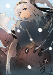 Rule 34 | 1girl, back, black headband, black sailor collar, blush, bodysuit, breasts, cape, chou-10cm-hou-chan, chou-10cm-hou-chan (suzutsuki&#039;s), clothes writing, grey cape, grey eyes, grey hair, hachimaki, hair between eyes, headband, highres, kantai collection, long hair, looking at viewer, looking back, neckerchief, one side up, rigging, sailor collar, school uniform, ship turret, solo, sunday aki, suzutsuki (kancolle), torpedo tubes, white bodysuit, white headband, white neckerchief