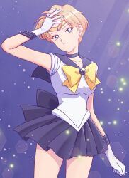 1girl bishoujo_senshi_sailor_moon blonde_hair blue_choker blue_eyes blue_sailor_collar blue_skirt bow choker earrings gloves highres jewelry outer_senshi sailor_collar sailor_senshi sailor_uranus short_hair skirt smile solo space_sword ten&#039;ou_haruka uranus_symbol very_short_hair white_gloves yellow_bow yumeko_(yumemexx)