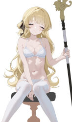1girl arm_between_legs bare_shoulders black_bow blonde_hair bow bra breasts cleavage closed_eyes collarbone garter_straps hair_ornament highres holding holding_staff izumi_(izzmuui) lace lace_bra long_hair medium_breasts navel panties phoebe_(wuthering_waves) sitting smile solo staff striped_bow thighhighs underwear underwear_only white_background white_bra white_panties white_thighhighs wuthering_waves
