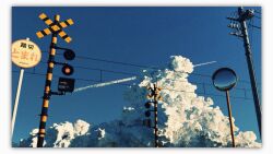 3d blender_(medium) blue_sky cloud contrail cumulonimbus_cloud highres lamone mirror no_humans original power_lines railroad_signal road_sign scenery sign sky stop_sign