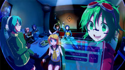 3boys 5girls akahane_daisuke arms_up bad_id bad_pixiv_id blonde_hair blue_eyes blue_hair brown_hair chair character_name clock detached_sleeves food gloves goggles goggles_on_head green_eyes green_hair grin gumi hair_ornament hair_ribbon hairclip hatsune_miku headphones highres holographic_interface instrument kagamine_len kagamine_rin kaito_(vocaloid) kamui_gakupo karaoke long_hair maracas matryoshka_(vocaloid) megurine_luka meiko_(vocaloid) microphone midriff multiple_boys multiple_girls open_mouth pink_hair ribbon short_hair shorts sitting skirt smile twintails very_long_hair vocaloid
