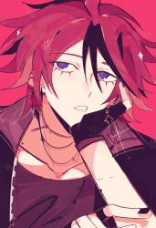 1boy absurdres alternate_costume ariminasan black_nails black_shirt collarbone commentary earrings english_commentary fingerless_gloves gloves half-closed_eyes head_rest highres jacket jewelry multicolored_hair necklace pointing red_background red_hair shirt short_hair simple_background solo sumino_takumi the_hundred_line_-last_defense_academy-