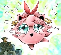 Rule 34 | 1boy, black hair, cosplay, creatures (company), crossed arms, crying, crying with eyes open, game freak, gen 1 pokemon, green eyes, hair ribbon, jigglypuff, josie rizal, josie rizal (cosplay), kicdon, mishima kazuya, nintendo, pokemon, pokemon (creature), ribbon, sleeping, streaming tears, super smash bros., tears, tekken, tekken 7, triangle mouth