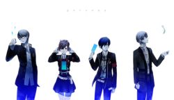 00s 1girl 3boys atlus bad_id bad_pixiv_id blue_theme brown_hair cable collared_shirt copyright_name cowboy_shot frown glasses grey_hair hands_on_headphones headphones high_collar kanzato_shin multiple_boys narukami_yu persona persona_3 persona_3_portable persona_4 persona_trinity_soul school_uniform setsu shiomi_kotone shirt short_hair simple_background white_background yuuki_makoto_(persona_3)
