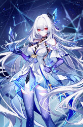1girl artist_name bare_shoulders blue_thighhighs breasts chinese_commentary cleavage commentary_request dress feet_out_of_frame genshin_impact hair_between_eyes hair_intakes hair_ornament halter_dress halterneck hand_up highres long_hair looking_at_viewer medium_breasts red_eyes sheya short_dress short_sleeves signature skirk_(genshin_impact) solo standing thighhighs torn_clothes torn_thighhighs very_long_hair white_dress white_hair