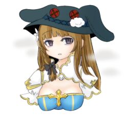 Rule 34 | 1girl, arch bishop (ragnarok online), bags under eyes, black bow, black hat, blue dress, blunt bangs, bow, braid, breasts, brown hair, cleavage cutout, clothing cutout, commentary request, cross, dress, expressionless, hair bow, hat, large breasts, long hair, looking at viewer, lowres, official alternate costume, pochiko (poteko), purple eyes, ragnarok online, ringed eyes, side braid, simple background, single braid, solo, transparent background, two-tone dress, upper body, white dress