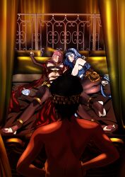 2girls alternate_costume alternate_hairstyle aphrodisiac arms_behind_back ass bdsm bed bedroom black_panties blue_hair blush bondage bottle bound bound_wrists breasts brown_eyes captured cosplay dancer dorothea_arnault_(plegian)_(cosplay) earrings female_focus fire_emblem fire_emblem:_three_houses fire_emblem_heroes fire_emblem_warriors:_three_hopes gag gagged gluteal_fold hair_between_eyes hairband harem harem_outfit highres hilda_valentine_goneril imminent_rape indoors jewelry kidnapped kidnapped_girl kou_(spad7u59) large_breasts legs long_hair lying marianne_von_edmund medium_breasts medium_hair midriff multiple_girls nintendo nipples official_alternate_hairstyle on_back on_bed paid_reward_available panties pantyhose pelvic_curtain pillow pink_eyes pink_hair ponytail restrained shahid_(fire_emblem) slave spread_eagle_position spread_legs stationary_restraints stirrup_legwear sweat toeless_legwear torn_clothes underwear