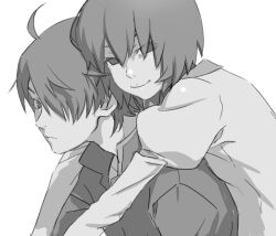 1boy 1girl ahoge araragi_koyomi closed_mouth empty_eyes expressionless gakuran greyscale hair_over_one_eye highres iniooooo jacket juliet_sleeves leaning_on_person long_sleeves looking_at_viewer monochrome monogatari_(series) naoetsu_high_school_uniform one_eye_covered oshino_ougi puffy_sleeves school_uniform short_hair simple_background sketch smile upper_body white_background