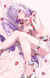 1girl alternate_costume bikini blush breasts castorice_(honkai:_star_rail) cleavage closed_mouth comiket_106 flower food food_print fruit fruit_print hair_flower hair_ornament heart heart_hands highres honkai:_star_rail honkai_(series) looking_at_viewer lying motto_(night_wear) navel on_side pointy_ears print_bikini purple_eyes purple_hair solo strawberry strawberry_print strawberry_print_bikini swimsuit