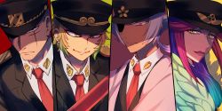 Rule 34 | 10s, 4boys, androgynous, bald, crossdressing, eyepatch, feathers, gokuu samon, gradient hair, green eyes, green hair, grin, hat, highres, lipstick, looking at viewer, makeup, male focus, mitsuba kiji, multicolored hair, multiple boys, nanbaka, necktie, orange hair, parted lips, pink eyes, pink hair, ponytail, red necktie, sada (sadahalu), scar, smile, sugoroku hajime, trap, uniform, upper body, white hair, yellow eyes, yozakura kenshirou