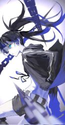 Rule 34 | 1girl, belt, black coat, black hair, black rock shooter, black rock shooter (character), black shorts, blue eyes, chain, coat, glowing, glowing eyes, highres, kuthi0510, long hair, open clothes, open coat, pale skin, shorts, star (symbol), twintails