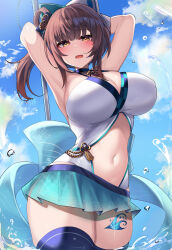 1girl aqua_skirt armpits arms_behind_head arms_up bashamichi_hagemi blue_thighhighs blush bow breasts brown_hair gear_hair_ornament hair_bow hair_rings highres indie_virtual_youtuber kutan large_breasts leg_tattoo long_hair looking_at_viewer navel open_mouth outdoors outline purple_outline skirt smile solo tattoo thighhighs yellow_eyes