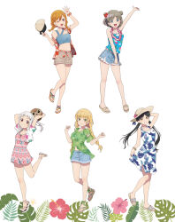 5girls arashi_chisato arm_up artbook black_hair blonde_hair blue_eyes bracelet braid double_bun dress floral_print flower full_body green_eyes grey_hair hair_between_eyes hair_bun hat hazuki_ren heanna_sumire highres holding jewelry long_hair looking_at_viewer love_live! love_live!_superstar!! multiple_girls navel non-web_source official_art one_eye_closed open_clothes open_mouth orange_hair pink_dress purple_eyes red_eyes sandals shibuya_kanon shirt short_hair short_shorts shorts sleeveless smile standing sun_hat sundress tang_keke twin_braids twintails unworn_hat unworn_headwear white_background white_hair yellow_eyes