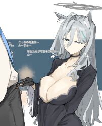 Rule 34 | 1boy, 1girl, animal ears, bar censor, black gloves, blue archive, blue eyes, breasts, censored, choker, cleavage, erection, gloves, grey hair, hair between eyes, hair ornament, hairclip, halo, hetero, highres, large breasts, leebo (leeboxxx), long hair, male pubic hair, necktie, penis, pubic hair, sensei (blue archive), shiroko (blue archive), shiroko terror (blue archive), small penis, testicles, translation request