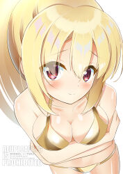 1girl alternate_costume arihara_nanami arms_under_breasts bare_arms bare_shoulders bikini blonde_hair blush breasts cleavage closed_mouth collarbone commentary_request cowboy_shot eyes_visible_through_hair foreshortening from_above furrowed_brow gold_bikini hair_between_eyes highres kanade1631 large_breasts long_hair looking_at_viewer navel official_alternate_hairstyle ponytail red_eyes riddle_joker sidelocks simple_background smile solo split_mouth straight_hair swimsuit variant_set watermark white_background