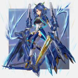 1girl absurdres alice_gear_aegis armor armored_boots blue_eyes blue_hair blue_jacket boots breasts closed_mouth full_body gloves high_heels highres holding holding_sword holding_weapon jacket leotard long_hair looking_at_viewer mecha_musume origami_yakko ponytail solo sword takanashi_rei thigh_boots thighhighs weapon white_gloves