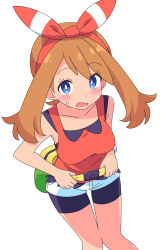 1girl bag belt black_shorts blue_eyes bracelet breasts brown_hair collarbone commentary cutefires from_above holding holding_belt jewelry looking_at_viewer may_(pokemon) nintendo open_mouth pokemon pokemon_oras red_shirt shirt shorts simple_background sleeveless solo waist_bag white_background white_shorts worried