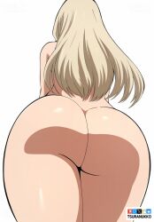 1girl artist_name ass ass_focus blonde_hair bluesky_logo boku_no_hero_academia from_behind long_hair mixed-language_commentary mount_lady nude patreon_logo pixiv_logo simple_background solo tsuranukko twitter_x_logo white_background