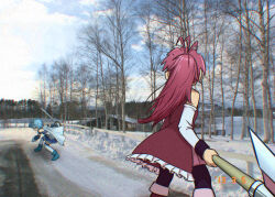 2girls fighting fighting_stance holding holding_weapon magical_girl mahou_shoujo_madoka_magica mahou_shoujo_madoka_magica_(anime) miki_sayaka miki_sayaka_(magical_girl) multiple_girls okai_(pixiv6333) outdoors photo_background sakura_kyoko sakura_kyoko_(magical_girl) sky snow tagme tree weapon