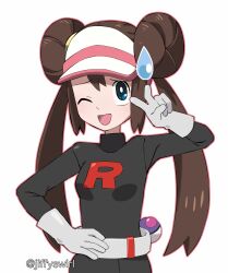1girl ;d alternate_costume belt breasts bright_pupils brown_hair commentary double_bun gloves hair_bun hand_on_own_hip hand_up highres jiffyswirl logo long_hair master_ball nervous_smile nintendo one_eye_closed open_mouth outline poke_ball pokemon pokemon_bw2 rosa_(pokemon) simple_background smile solo sweatdrop team_rocket team_rocket_uniform tongue twintails twitter_username v visor_cap watermark white_background white_pupils