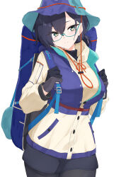 1girl absurdres bag black_gloves black_hair black_pantyhose blue_archive blush breasts bucket_hat chihiro_(blue_archive) chihiro_(camp)_(blue_archive) duffel_bag glasses gloves hat highres holding_strap isocha large_breasts looking_at_viewer official_alternate_costume pantyhose semi-rimless_eyewear simple_background smile solo under-rim_eyewear white_background