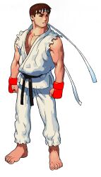 Rule 34 | 1990s (style), 1boy, absurdres, arms at sides, barefoot, bengus, brown eyes, brown hair, dougi, fingerless gloves, full body, game cg, gloves, headband, highres, looking to the side, male focus, martial arts belt, marvel vs. capcom, mma gloves, muscular, muscular male, non-web source, official art, parted lips, pectorals, retro artstyle, ryu (street fighter), simple background, solo, standing, street fighter, teeth, toes, torn clothes, torn sleeves, white background, white headband, x-men vs. street fighter