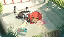 Rule 34 | 2girls, black shoes, bocchi the rock!, bush, cellphone, contrast collar, crossed bangs, drain (object), dress, fence, frilled dress, frilled headwear, frills, gotoh hitori, gotoh hitori (tsuchinoko), grass, green eyes, highres, holding, holding phone, jl tan, kita ikuyo, lying, maid headdress, mary janes, multiple girls, on stomach, open mouth, phone, pleated dress, red hair, selfie, shadow, shoes, short sleeves, smartphone, smile, socks, utility pole, weeds, white socks, wrist cuffs