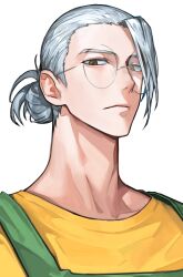 Rule 34 | 1boy, adam&#039;s apple, boony2789, brown eyes, commentary, english commentary, glasses, grey hair, highres, long neck, male focus, portrait, sakamoto days, sakamoto taro, sakamoto taro (skinny), shirt, solo, upper body, white background, yellow shirt