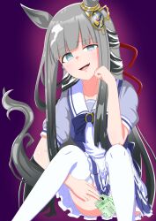 Rule 34 | absurdres, animal ears, betting ticket, blue eyes, blunt bangs, blush, breasts, chrono genesis (umamusume), collarbone, commentary request, covering privates, fang, grey hair, hair between eyes, hair ornament, heart, heart-shaped pupils, highres, horse ears, horse girl, horse tail, long hair, looking at viewer, mesugaki, open mouth, ribbon, school uniform, sitting, small breasts, symbol-shaped pupils, tail, textless version, tk mod, tracen school uniform, umamusume