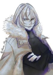 1boy black_shirt castlevania:_aria_of_sorrow castlevania_(series) coat crossed_arms fur_collar rosie_rosie shirt short_hair soma_cruz white_coat white_hair