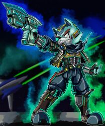 1boy aiming alternate_color alternate_costume alternate_eye_color alternate_weapon angry animal_ears armor arwing aura blue_fur blue_gemstone blue_scarf clenched_teeth corruption crescent crossover dark_persona double_helix facial_tattoo fangs fierce_deity fingerless_gloves firing fox fox_boy fox_ears fox_mccloud furry gem gloves glowing gun hal_laboratory highres holding holding_gun holding_weapon jacket looking_to_the_side male_focus multicolored_fur nintendo no_pupils open_clothes open_hand open_jacket pants possessed possession scarf scouter space standing star_fox stoic_seraphim super_smash_bros. tattoo teeth the_legend_of_zelda the_legend_of_zelda:_majora&#039;s_mask triangle weapon white_eyes wrist_guards