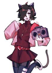1boy :3 ahoge alternate_costume android animal_ear_headphones animal_ears artist_name belt black_eyeshadow black_hair black_headphones black_shoes black_tail black_thighhighs cat_ear_headphones cat_tail converse cowboy_shot eyeshadow fake_animal_ears flipped_hair hair_over_one_eye headphones heart_belt highres holding_boombox hood hood_down hooded_jacket jacket jewelry long_sleeves looking_at_viewer makeup mettaton mettaton_ex miniskirt necklace no_pupils one_eye_covered open_clothes open_jacket open_mouth parted_hair pink_jacket pleated_skirt puffy_long_sleeves puffy_sleeves purple_eyes red_belt red_hood red_skirt red_sweater shoes short_hair skellend skirt solo standing standing_on_one_leg sweater sweater_tucked_in tail thighhighs turtleneck turtleneck_sweater undertale zettai_ryouiki
