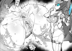 Rule 34 | 1girl, 30 minutes missions, anus, bayonet, blue eyes, breasts, censored, colored skin, cum, cum in ass, cum in pussy, doll joints, exm-h15c acerby type c, gaping anus, grey hair, japanese text, joints, long hair, medium breasts, multiple views, pochincoff, pussy, robot girl, sex, sound effects, weapon, white skin