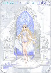 Rule 34 | 1girl, alternate costume, bare legs, bare shoulders, blonde hair, blue eyes, breasts, cartethyia (wuthering waves), character name, cleavage, closed mouth, commentary request, covered navel, crown of thorns, dang geun23283, dress, earrings, full body, highres, jewelry, korean commentary, legs, long hair, looking at viewer, medium breasts, panties, parted bangs, pointy ears, sandals, see-through clothes, see-through dress, sidelocks, smile, solo, tacet mark (wuthering waves), toes, underwear, veil, very long hair, wedding dress, white dress, white panties, white sandals, white veil, wuthering waves