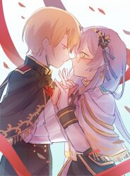 2girls blonde_hair cape glasses green_eyes grey_hair hair_ornament hair_over_one_eye hair_over_shoulder hairclip hand_on_another&#039;s_thigh heaven_burns_red highres interlocked_fingers izumi_yuki_(heaven_burns_red) kayamori_ruka leg_between_thighs long_hair multiple_girls official_alternate_costume one_eye_covered red_eyes round_eyewear short_hair utsuru_515 yuri