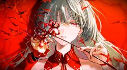 1girl arm_ribbon bandage_over_one_eye bandages bare_shoulders bright_pupils collar commentary detached_collar detached_sleeves earrings flower grey_hair hands_up highres holding holding_flower jewelry long_hair looking_at_viewer nail_polish okoge_(koge_chan) parted_lips phrolova_(wuthering_waves) portrait red_background red_collar red_eyes red_flower red_nails red_petals red_sleeves revision ribbon single_detached_sleeve solo spider_lily teeth white_pupils wuthering_waves