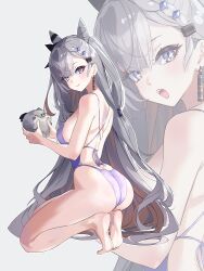 1girl absurdly_long_hair absurdres animal ass barefoot bazo_(vestia_zeta) closed_mouth cone_hair_bun earrings fueppu full_body grey_hair hair_bun highres holding holding_animal hololive hololive_indonesia jewelry kneeling long_hair looking_back multiple_views one-piece_swimsuit open_mouth purple_eyes purple_one-piece_swimsuit single_earring smile swimsuit thighs tiptoes very_long_hair vestia_zeta virtual_youtuber zoom_layer