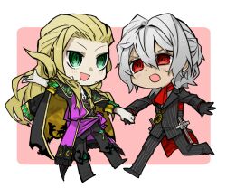 Rule 34 | 2boys, antonio salieri (fate), arm up, ascot, bato9969, black gloves, black jacket, black pants, blonde hair, chibi, chibi only, fate/grand order, fate (series), full body, gloves, green eyes, grey hair, holding hands, jacket, looking at another, multiple boys, pants, red ascot, red eyes, wolfgang amadeus mozart (fate)