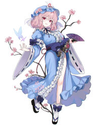 1girl absurdres black_sandals blue_hat blue_kimono blue_ribbon breasts bug butterfly cherry_blossoms commentary_request flower frilled_kimono frills full_body hand_fan hat hat_flower highres holding holding_fan insect japanese_clothes kani_nyan kimono long_sleeves looking_at_viewer mob_cap neck_ribbon obi petal_print pink_eyes pink_flower pink_hair print_kimono ribbon ribbon-trimmed_sleeves ribbon_trim saigyouji_yuyuko sandals sash side_slit simple_background sleeve_garter smile socks solo tachi-e touhou triangular_headpiece white_background white_socks wide_sleeves