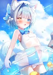 1girl :d animal_ear_fluff animal_ears beret blue_bow blue_eyes blue_innertube blue_sky blunt_bangs blush bow bowtie cloud covered_navel cumulonimbus_cloud dutch_angle fang flat_chest flock frilled_innertube grey_hair hair_bow hair_intakes half-closed_eyes hat hat_bow heterochromia highres innertube komugi-chan_(komugi) komugi_(2212) lens_flare looking_at_viewer mole mole_under_eye name_tag one-piece_swimsuit open_mouth original rubber_duck school_swimsuit school_swimsuit_flap see-through_clothes see-through_one-piece_swimsuit short_hair skin_fang sky smile splashing stomach swim_ring swimsuit transparent_innertube two_side_up wading water water_drop wet wet_clothes wet_swimsuit white_hat white_one-piece_swimsuit yellow_eyes