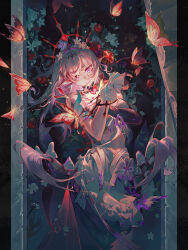 1girl absurdres bare_shoulders black_tiara bug butterfly castorice_(honkai:_star_rail) chinese_commentary closed_mouth commentary_request crown dress flower flower_on_head furioso gloves grey_hair hair_flower hair_ornament highres honkai:_star_rail honkai_(series) insect long_hair pointy_ears purple_eyes purple_gloves purple_hair revision tiara white_dress yellow_flower