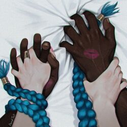 1boy 1girl arcane:_league_of_legends arcane_jinx bed_sheet blue_hair dark-skinned_male dark_skin ekko_(league_of_legends) hand_focus highres holding_another&#039;s_wrist holding_hands implied_sex jinx_(league_of_legends) league_of_legends lipstick_mark lipstick_mark_on_hand long_hair multicolored_nails panditati pinned prosthetic_finger sheet_grab very_long_hair