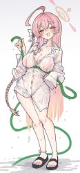 1girl :d absurdres ahoge bikini black_sandals blonde_hair blue_archive blush bottomless braid breasts cleavage collarbone collared_shirt commentary dress_shirt gradient_hair green_eyes half-closed_eyes halo halterneck hanako_(blue_archive) hanako_(swimsuit)_(blue_archive) happy_jolson highres holding holding_hose hose large_breasts long_hair long_shirt long_sleeves looking_at_viewer multicolored_hair open_mouth oversized_clothes oversized_shirt pink_bikini pink_hair pink_halo sandals see-through_clothes see-through_shirt shirt side_braid single_braid single_sleeve_past_fingers smile solo string_bikini swimsuit toes very_long_hair wet wet_clothes wet_shirt