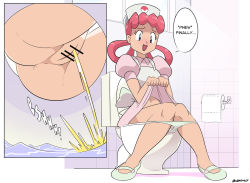 1girl anus apron ass bar_censor bathroom blue_apron blue_eyes blue_footwear blue_panties blush breasts censored cleft_of_venus clothes_lift dangerking11 dress dress_lift from_below hair_rings hat joy_(pokemon) long_hair looking_down medium_breasts navel nintendo nurse nurse_cap open_mouth panties panty_pull peeing pink_dress pink_hair poke_ball_symbol pokemon pokemon_(anime) pokemon_(classic_anime) puffy_sleeves pussy relief shoes short_sleeves sitting smile sweatdrop toilet toilet_paper toilet_use underwear white_headwear window