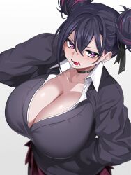 1girl absurdres arm_behind_head arm_up black_hair black_sweater breasts cleavage double_bun earrings fang gyaru hair_between_eyes hair_bun hand_in_pocket highres huge_breasts hz_(666v) jewelry kogal long_hair looking_at_viewer multicolored_hair open_mouth original school_uniform shirt simple_background skirt solo stud_earrings sweater teeth white_shirt