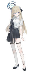 1girl absurdres black_jacket black_ribbon black_shoes black_skirt blonde_hair blue_archive blue_eyes blush china_dress chinese_clothes closed_mouth dress fishnet_thighhighs fishnets flower grey_thighhighs hair_flower hair_ornament hair_ribbon high_heels highres huu_(dighapdlxm12) jacket long_hair looking_at_viewer ribbon shirt shoes sidelocks skirt solo thighhighs toki_(blue_archive) white_flower white_shirt
