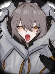1girl 1other ahegao armor arnkun between_thighs black_gloves brown_hair commentary double-parted_bangs english_commentary gloves hair_between_eyes half-closed_eyes head_between_thighs highres honkai:_star_rail honkai_(series) looking_at_viewer motion_lines open_mouth saliva saliva_trail sam_(honkai:_star_rail) scissorhold signature stelle_(honkai:_star_rail) sweat tap_out thick_thighs thighs tongue tongue_out trailblazer_(honkai:_star_rail) vignetting yellow_eyes